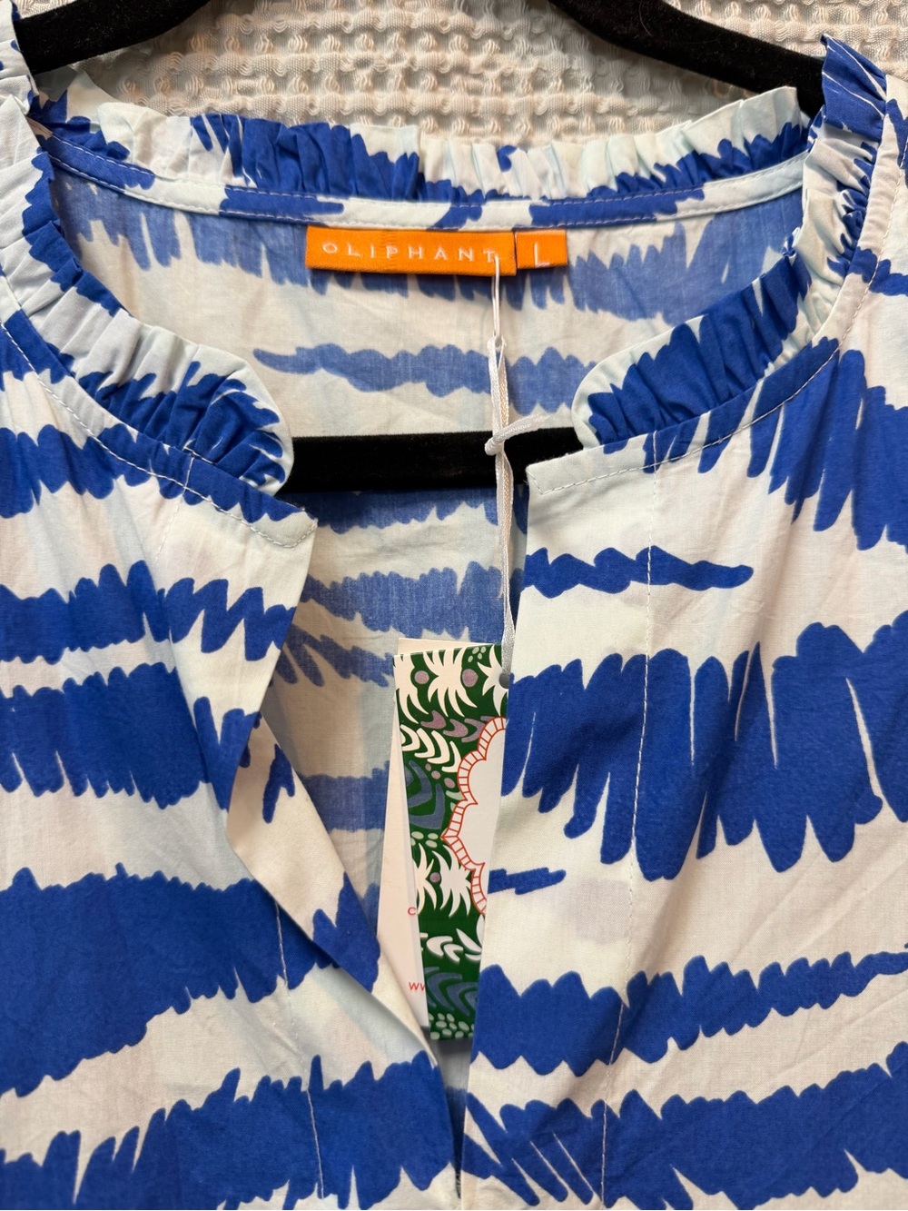 NEW Oliphant Large Blue and White Bell Sleeved Tiered Mini Dress - Picture 3 of 7
